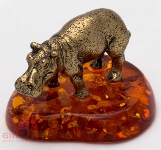 Solid Brass Amber Figurine Hippopotamus Hippo Behemoth Talisman Ironwork