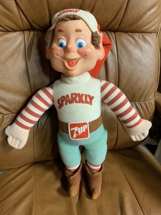 Vintage Sparkly Plush Doll Plastic Face Seven 7 Up Holiday Helper Elf 1983
