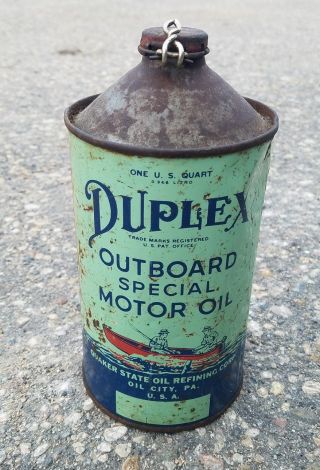 Rare Cone Top Quaker State Duplex 1 Qt Outboard Motor Oil Can