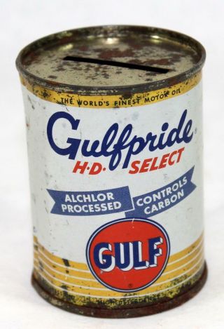 Vintage Miniature Gulf Gulfpride Hd Select Motor Oil Can Coin Tin Metal Bank 7