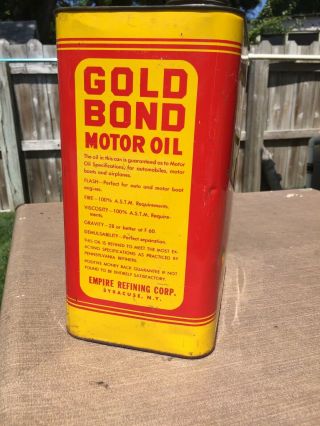 Antique Gold Bond Motor Oil Can Empire Refining Co.  2 Gallon - Syracuse NY 4