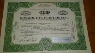 Bendix Helicopter Inc Vintage 1949 Stock Certificate 100 Shares