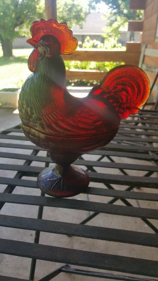 Vintage Amberina Glass Standing Rooster Hen On Nest Candy Nut Dish