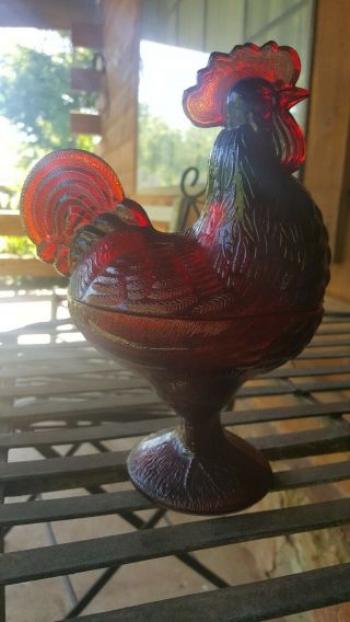 Vintage Amberina Glass Standing Rooster Hen On Nest Candy Nut Dish 2