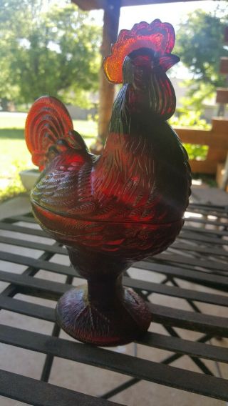 Vintage Amberina Glass Standing Rooster Hen On Nest Candy Nut Dish 4