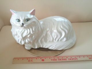 Vintage Large White Ceramic Green Eyes Persian Cat Statue Figurine 14 " X10 " X9 "
