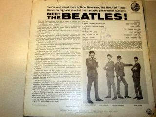 MEET THE BEATLES STEREO 1964 WAX IS VG,  OR HIGHER RARE 4 ON BACK WOODY 3