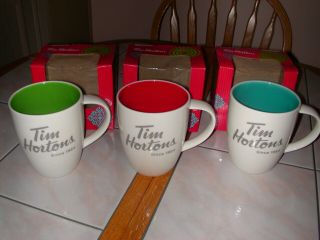 Tim Hortons 2014 Coffee Mugs Set Of 3 Red Green Blue 14 Nib