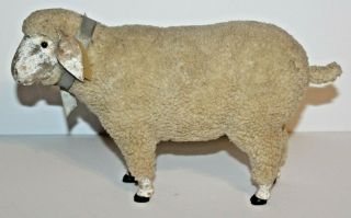 Vintage Wood Wool Sheep W/ Blue Bow 11 1/2 " Inches Tall & 8 " Inches Tall