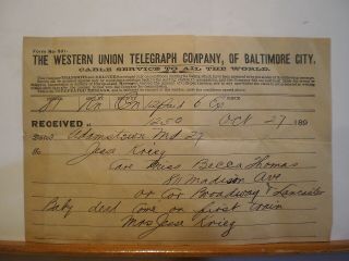 Antique 1890 Western Union Telegraph Co Telegram Baby Death Notice Adamstown Md
