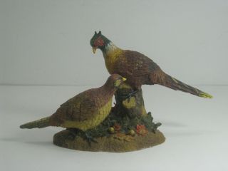 Vintage Resin Bird Pheasant Figurine Pheasants On Tree Stump