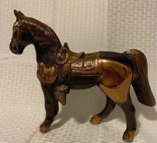 Vintage Metal Horse Figure Statue Equestrian Copper Toned Western Saddle 10 "