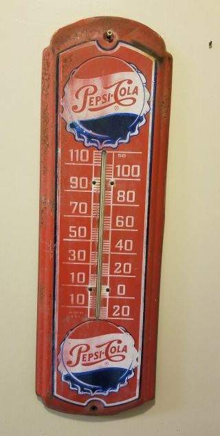 Vintage Pepsi Cola Double Cap Thermometer 27 " X 8 " Metal Sign