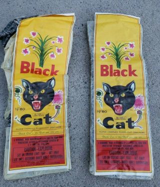 Vintage Black Cat 80 Shot Firecracker Labels 2 Pack And Old Box Label 1960s 70s