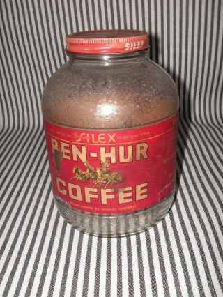 Vintage Ben Hur Glass Coffee Jar W/ Metal Silex Coffee Lid - Orig Paper Label