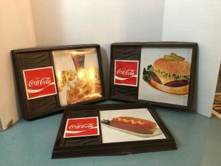 Rare Vintage Set Of 3 Plastic Coca Cola Signs Hamburgers Hotdogs French Fries