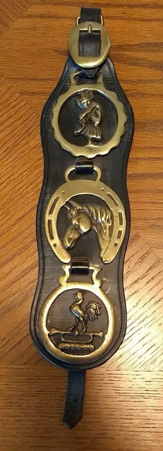 Vintage Horse Brass Medallions W/ Leather Strap Three On Black Leather