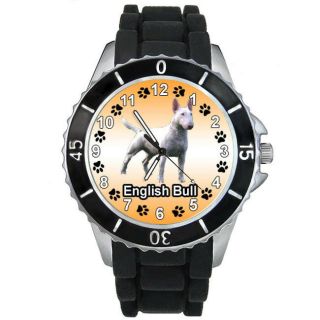 English Bull Terrier Dog Mens Ladies Black Jelly Silicone Band Wrist Watch S647e
