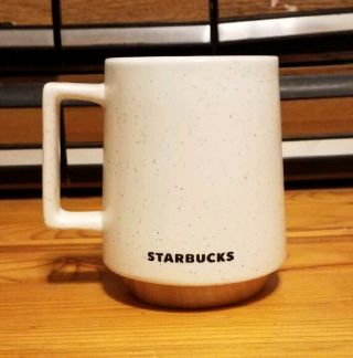 Starbucks Ceramic Coffee Mug With Wood Base 16 Oz White Black Speckle 2017 Rare