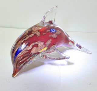 Blown Italian Glass Multi - Color Swirled Dolphin Figurine Goldstone Millefiori