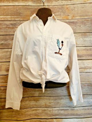Warner Bros 1993 Looney Tunes White Cotton Button Front Shirt Road Runner Flaw L