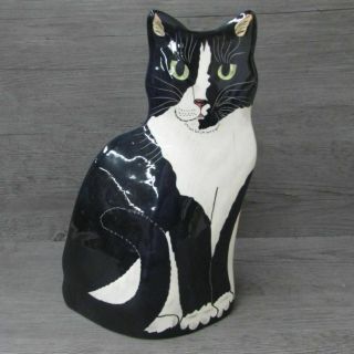 2001 Cats By Nina Lyman Vase Planter Tall Ceramic,  Black & White Cat