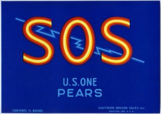 S.  O.  S.  (sos) Rare 1960s Authentic Medford Oregon Pear Fruit Crate Label