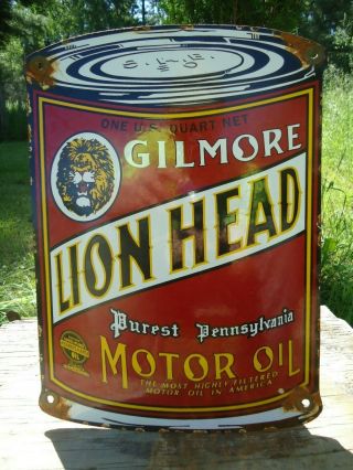 Old Gilmore Lion Head Motor Oil Can Porcelain Enamel Gas Pump Sign