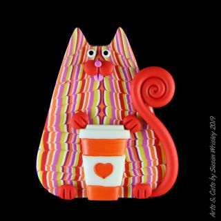 Chubby Red Pink Yellow Kitty & Coffee Cup Pin - Swris