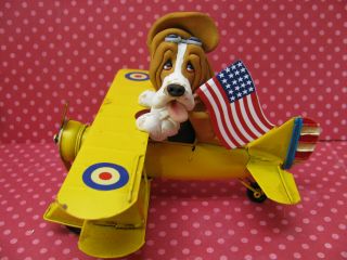 Handsculpted Tri Basset Hound American Fighter Pilot Figurine