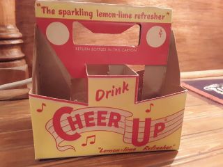 Vintage Cheer Up Empty Cardboard Carton Carrier 6 Pack 7 Ounce Glass Bottle.