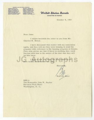 Oklahoma Senator Robert S.  Kerr Signed 1957 Letter Sec.  Of Treasury Snyder