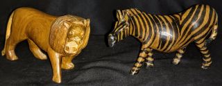 Vintage Wooden Safari Animals - Hand Carved Lion Zebra African
