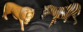 Vintage Wooden Safari Animals - Hand Carved Lion Zebra African 2