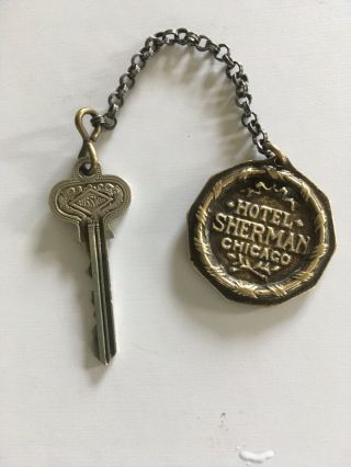 Vintage Hotel Key With Brass Fob From Hotel Sherman In Chicago,  U.  S.  A.