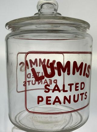 Vintage Lummis Salted Peanuts Glass Lidded Jar 10” Tall