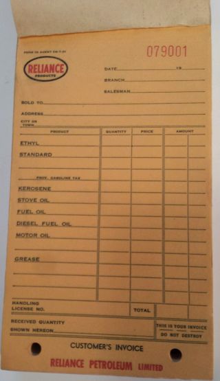 Vintage Canadian (london) " Reliance Oil Ltd " Full Receipt Pad (50 Receipts)