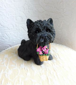 Cairn Terrier With Basket Of Flowers Clay Dog Sculpture By Raquel From Thewrc