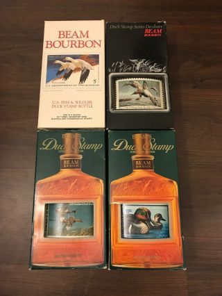 Set Of 4 Jim Beam Duck Stamp Decanters In Boxes - Series 1 & 2