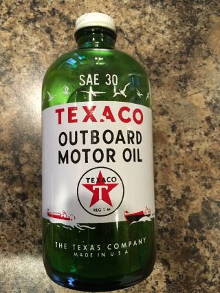 Texaco Outboard Motor Oil Bottle Green Vintage Dated 9 - 1954