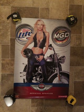 (vtg) Miller Mgd Beer Harley Davison Sexy Girl On Bike Poster 2003 Bar