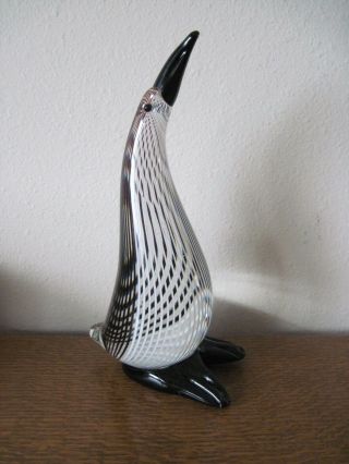 Hand Blown Art Glass Penguin Figurine 10 " Tall Black And White Unsigned