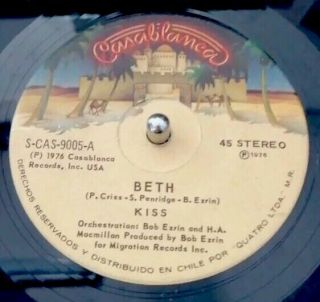 Kiss - Chile Rare Single 45 Rpm 7 " Beth/shout It Out Load 1976 M -