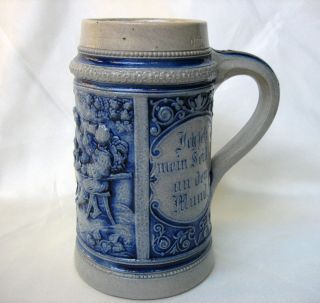 Antique German Beer Stein Mug Salt Glaze Cobalt Blue And Gray