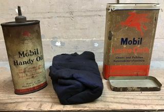 Vintage 2 Mobil Pegasus Tin Cans Handy Oil - Lustre Cloth Socony Vacuum Oil Co.