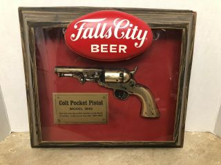 Vintage Falls City Beer Advertising Sign Colt Pocket Pistol In Frame -