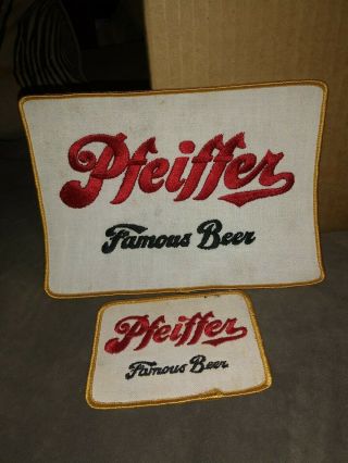 2 Vtg Flat Top Can Era Pfeiffer Famous Beer Jacket Patches Advertising Sign Cool