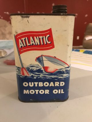 Vintage Atlantic Outboard Motor Oil Can Great Graphics Rare Flat Quart