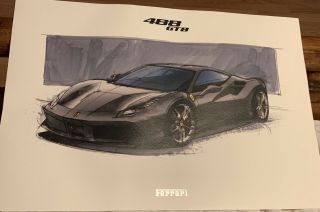 Rare Ferrari 488 Gtb Lithograph Design Sketch For Launch Year