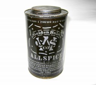 Antique 1 Pound Golden Rule W.  C.  S.  Co Allspice Black Primitive Tin Spice Can